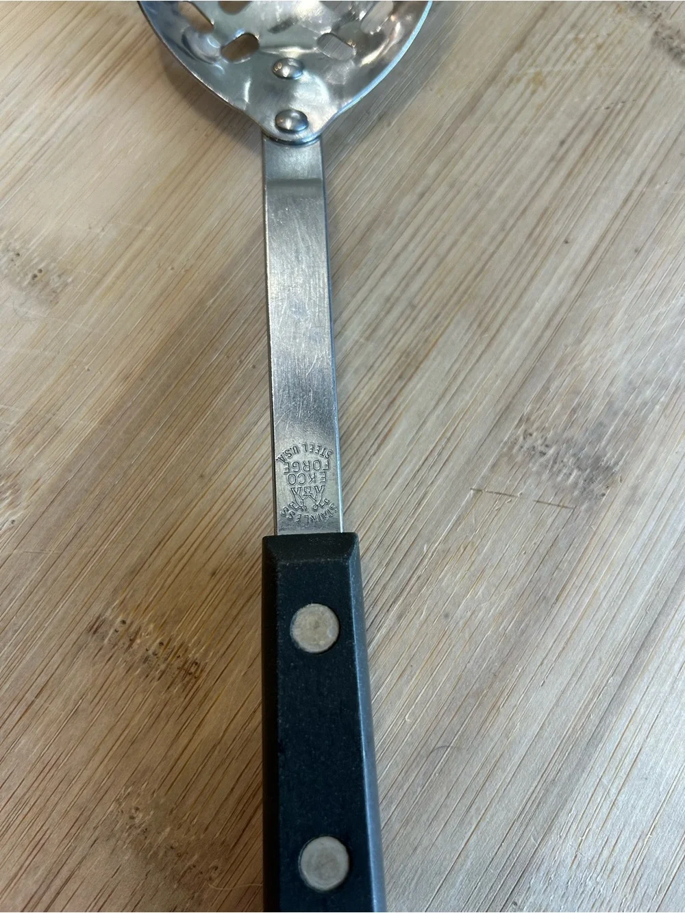 Vintage EKCO Forge Stainless Slotted Metal Spoon Strainer Utensil Black Handle.